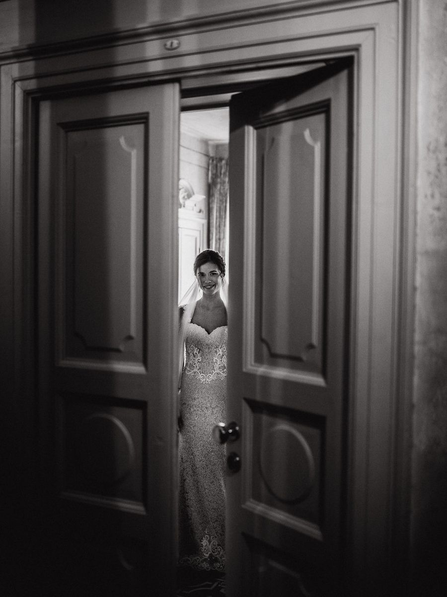 A series of black and white photographs showing an ominous hallway with closed doors and dramatic lighting.