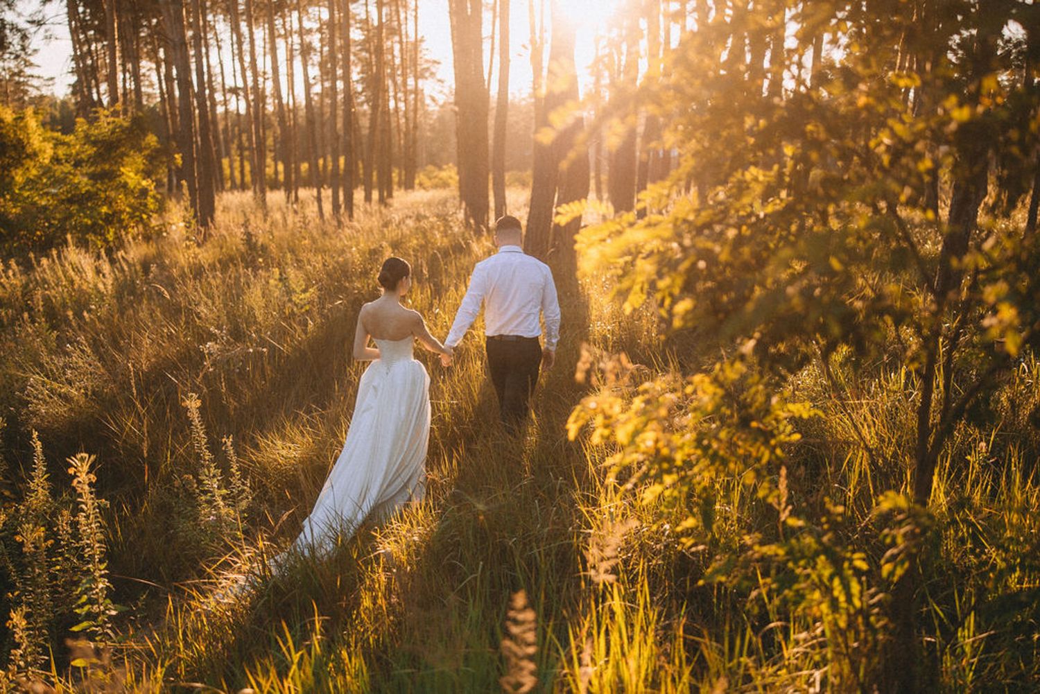 Couple walking through sunlit forest with golden light filtering through trees during sunset.