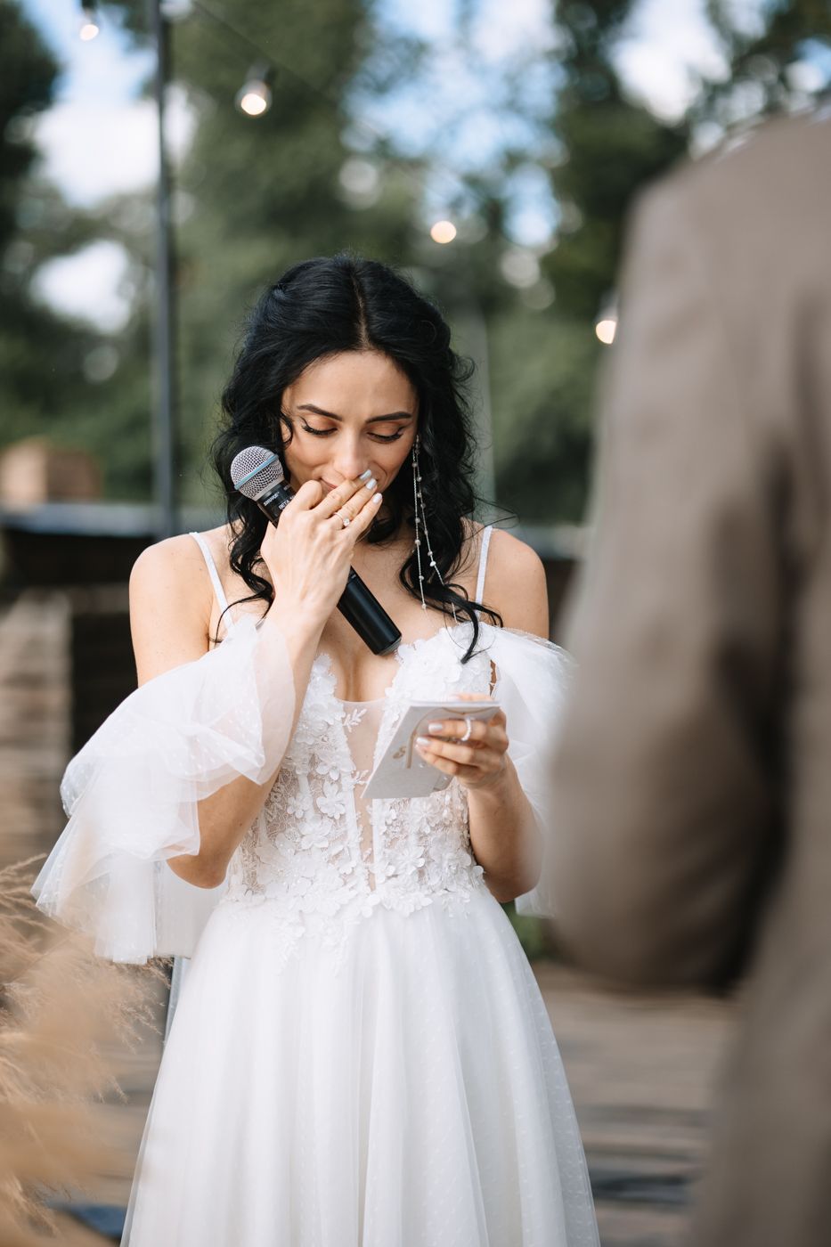 A series of emotional reactions showing someone in a white lace dress looking at their phone with various expressions.