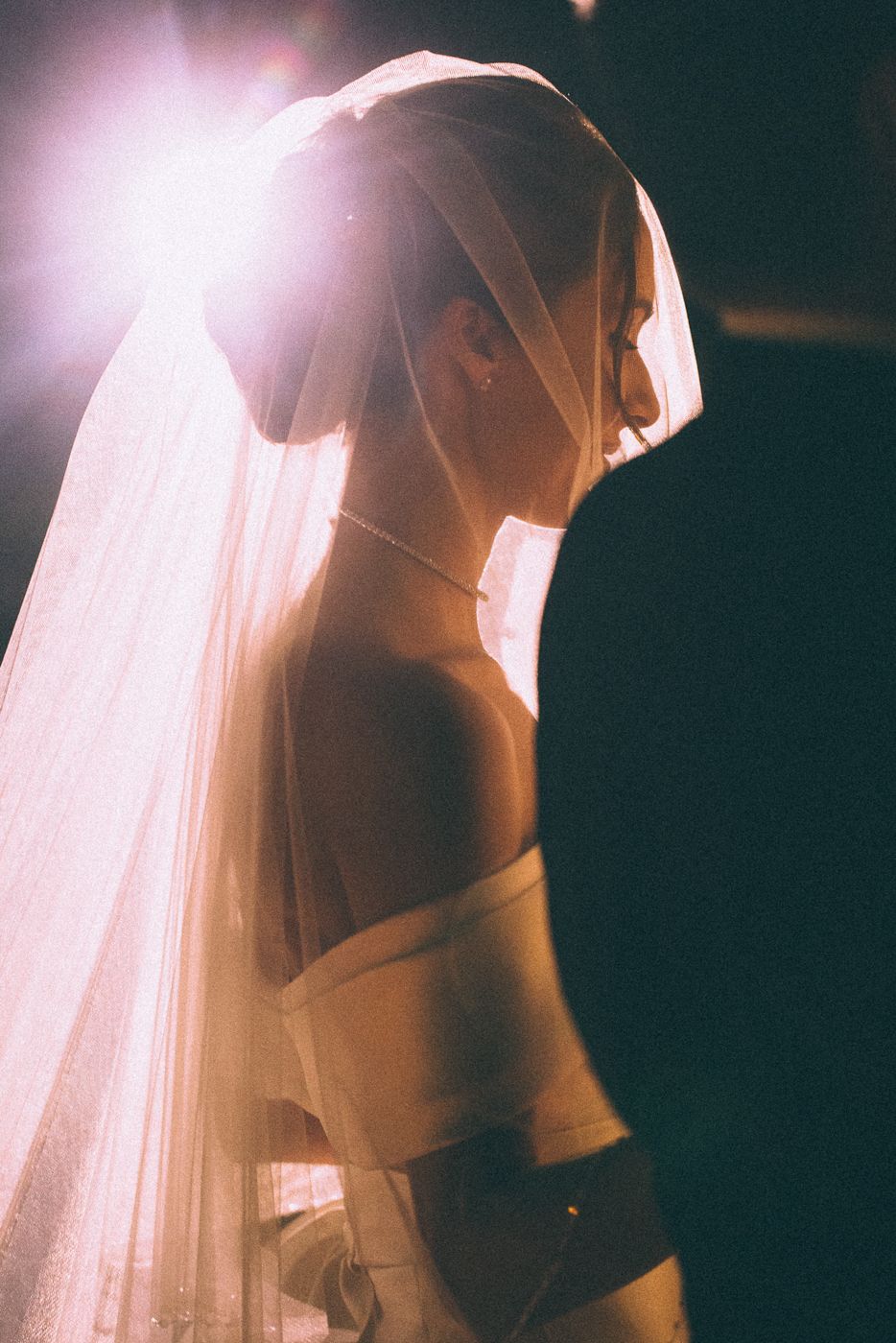 Artistic silhouette of a bride in a wedding dress and veil backlit by soft sunlight.
