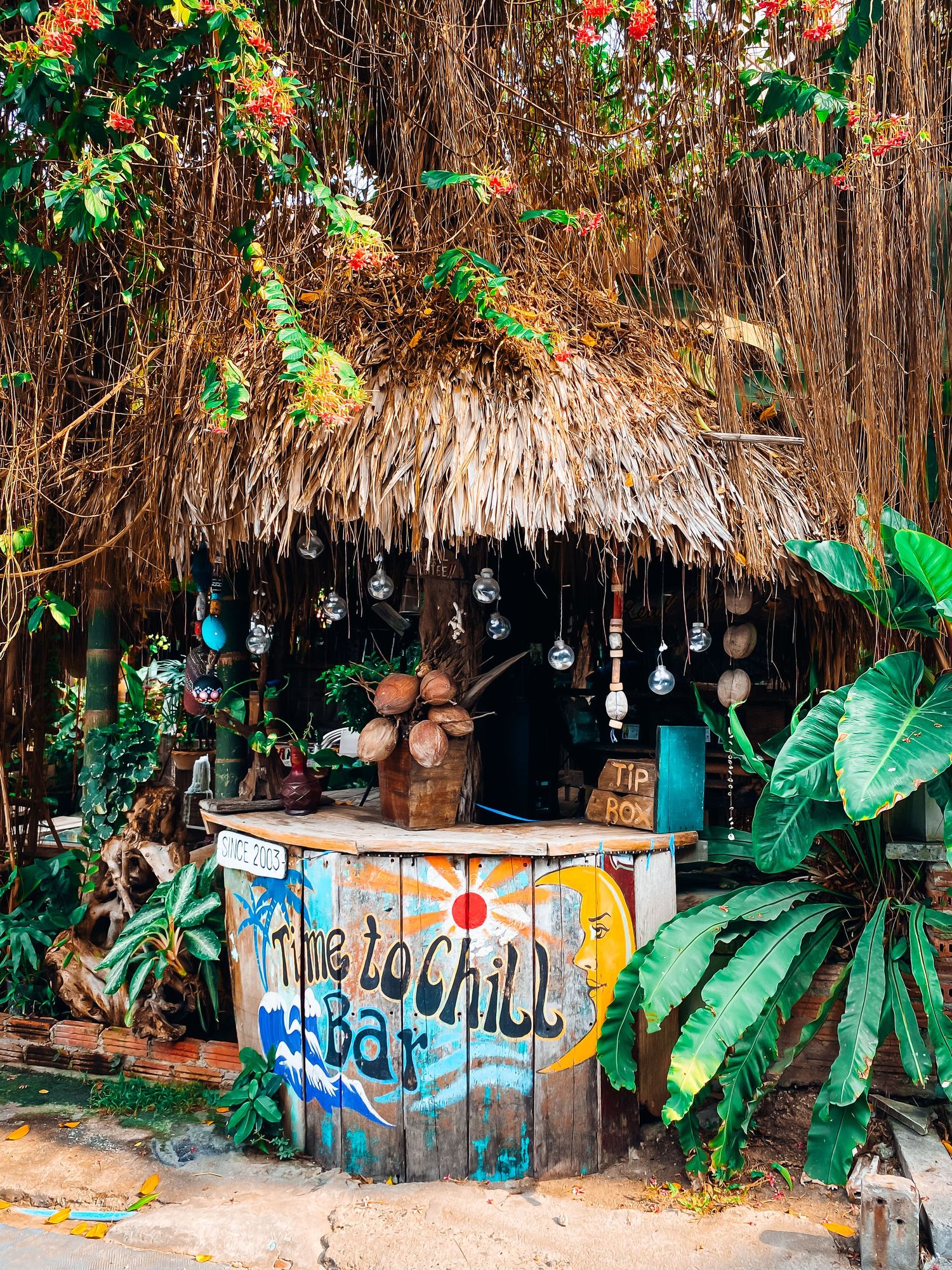 Tropical tiki bar with thatched roof, lush greenery, and colorful 'Time to Chill Bar' sign in a beachside setting.