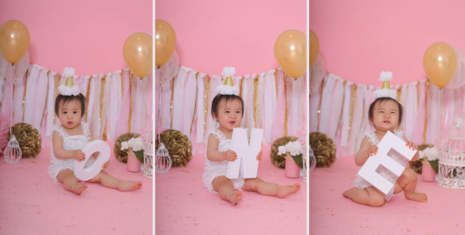 First birthday photo series with ONE letters and pink balloon decorations.