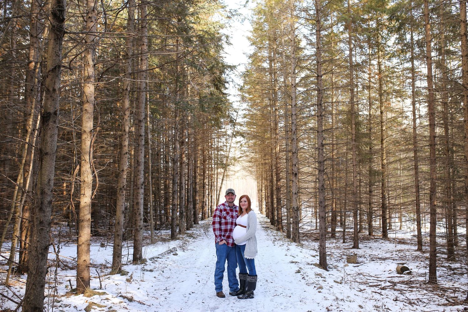 A snow-covered forest path with tall pine trees creating a winter wonderland scene.