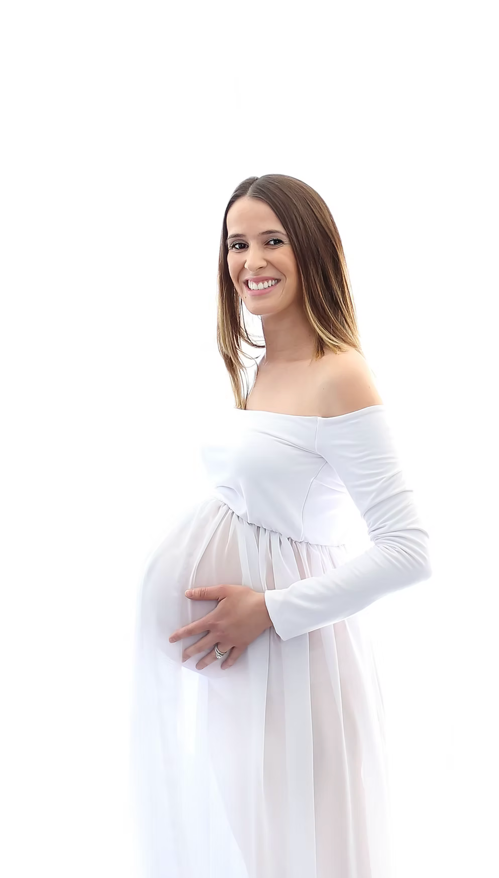 A series of elegant maternity poses in a flowing white dress against a white background.