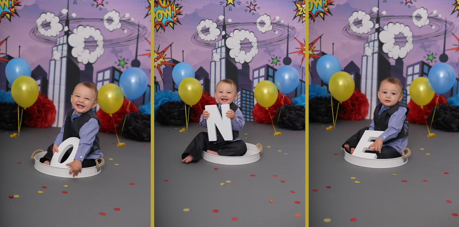 Comic book themed party setup with superhero decorations and colorful balloons.