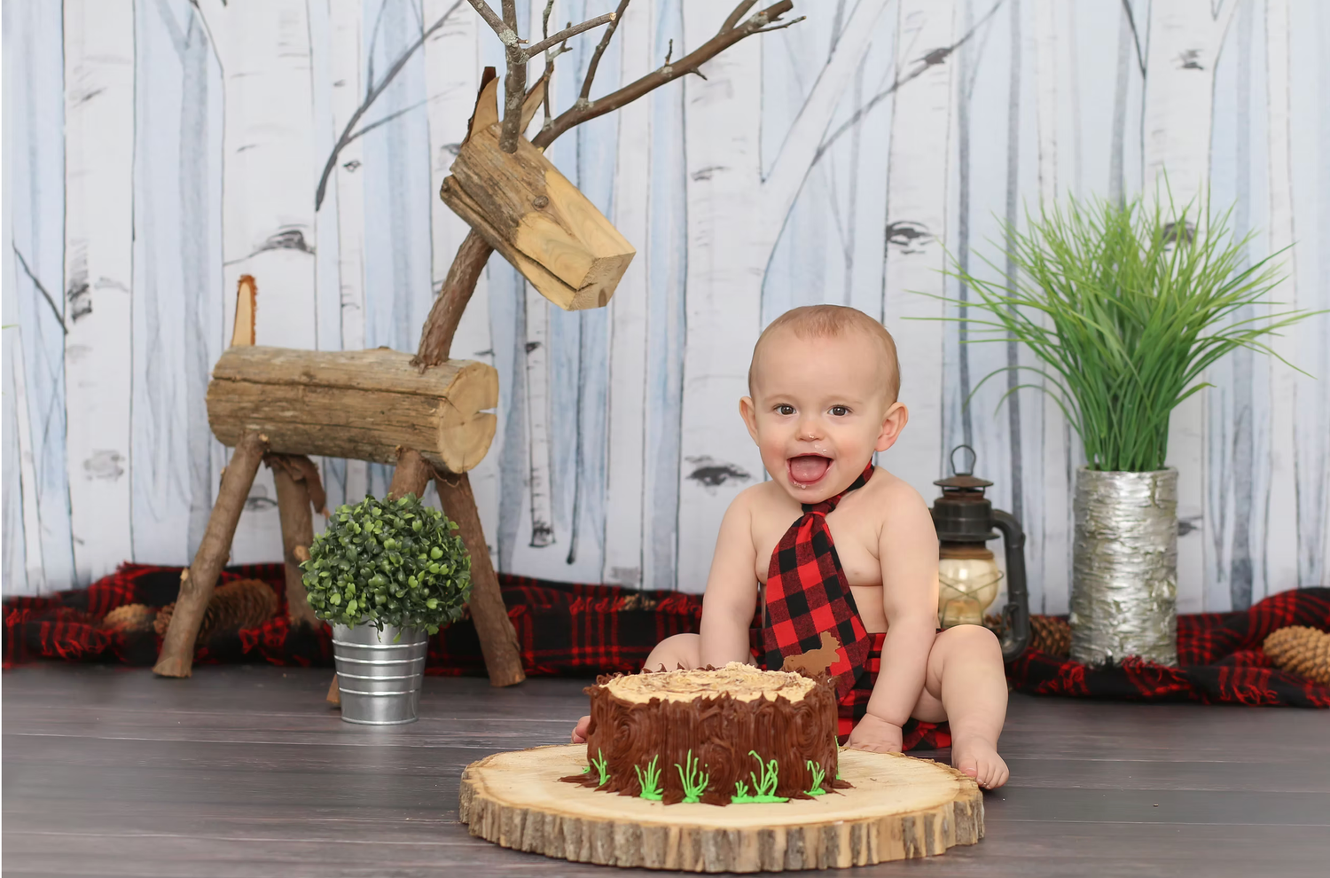 Rustic woodland themed cake smash setup with wooden deer decoration and greenery.