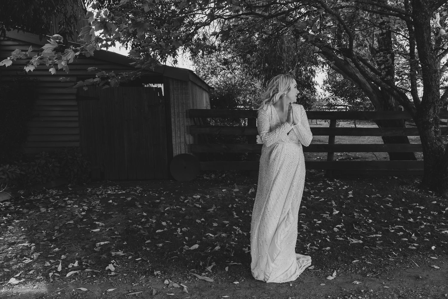 Black and white photo of bride at Quirindi stables by Leigh Ball Photography.