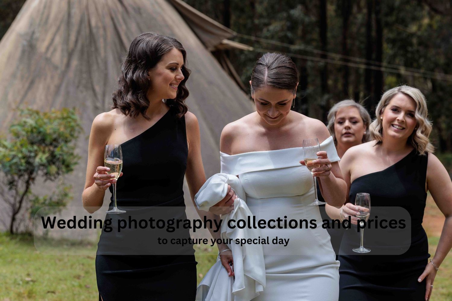 Bride's gang drinking champagne and walking outside during preparations for wedding