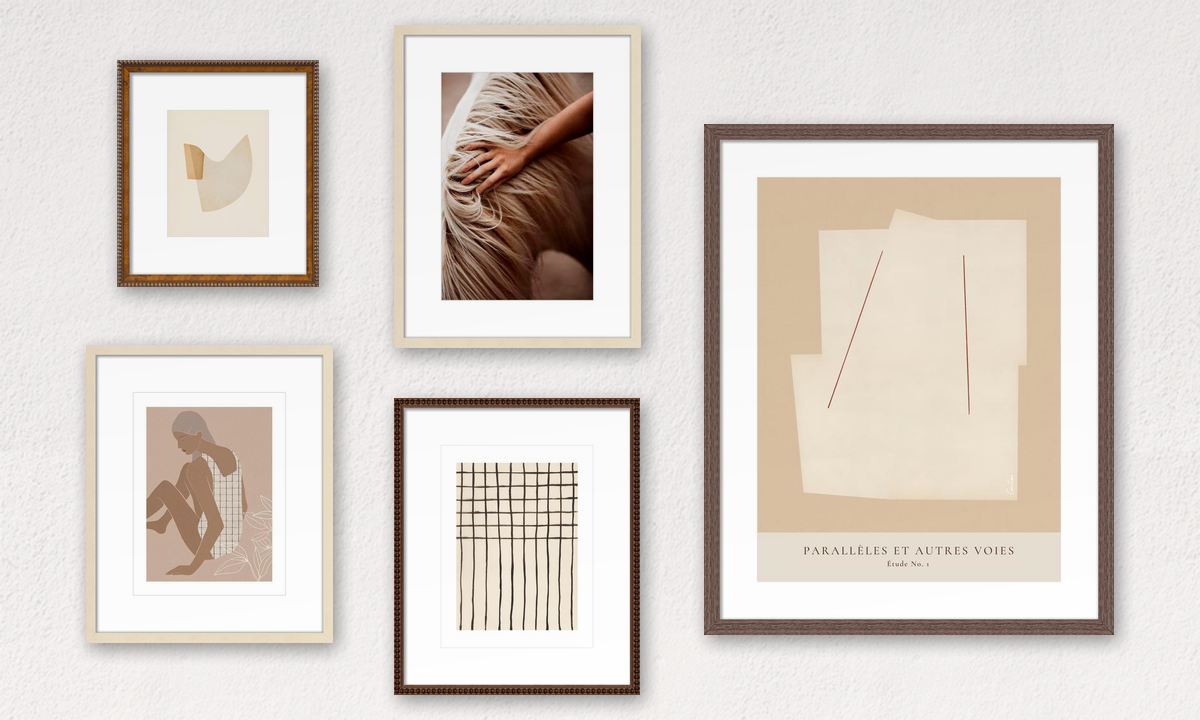 A curated gallery wall featuring five framed neutral-toned abstract and nature prints in beige, brown, and cream tones.
