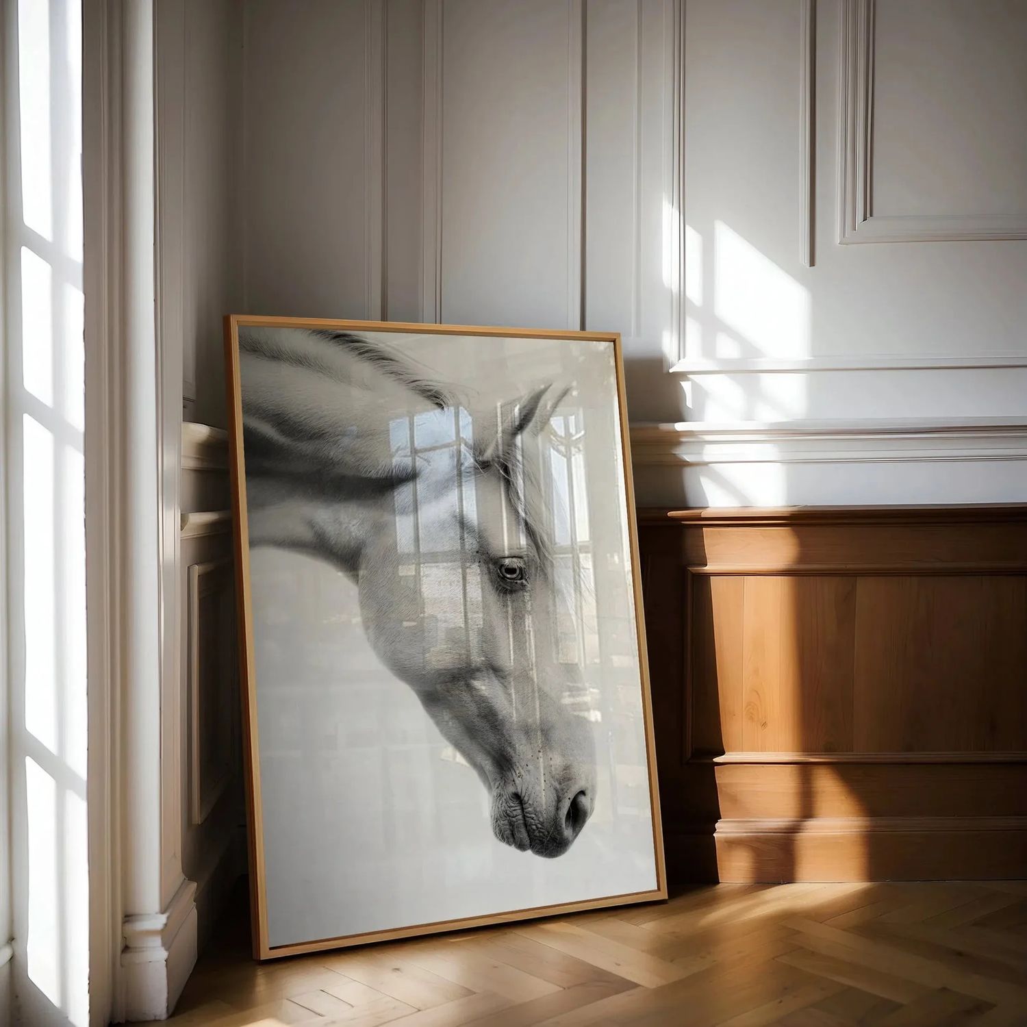 A framed black and white horse portrait print leaning against a wall in a sunlit room.