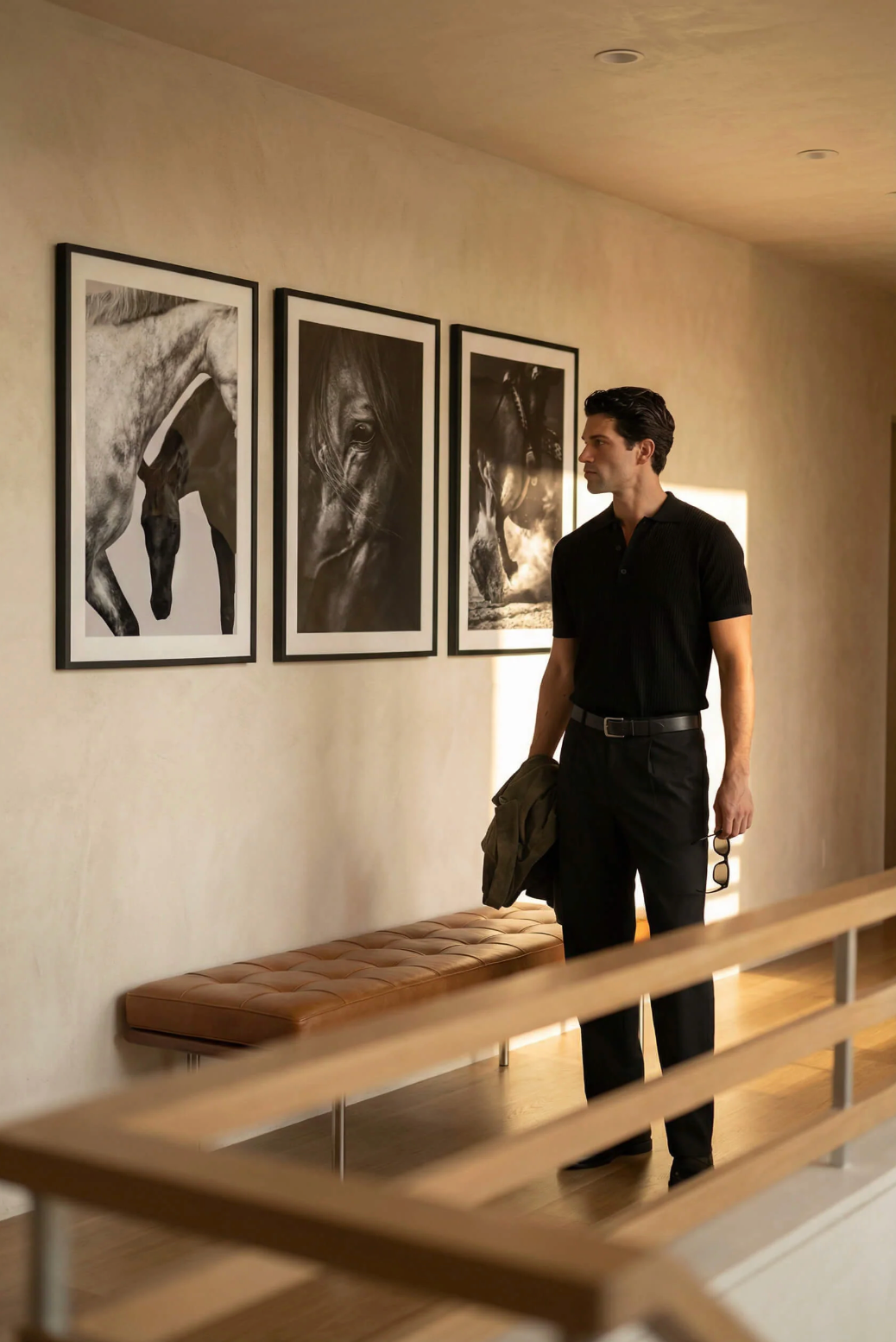 Man in black outfit standing in modern hallway admiring framed black and white horse photography art on wall.