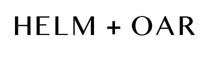 Helm + Oar minimalist brand logo featuring clean sans-serif typography in black on white background.