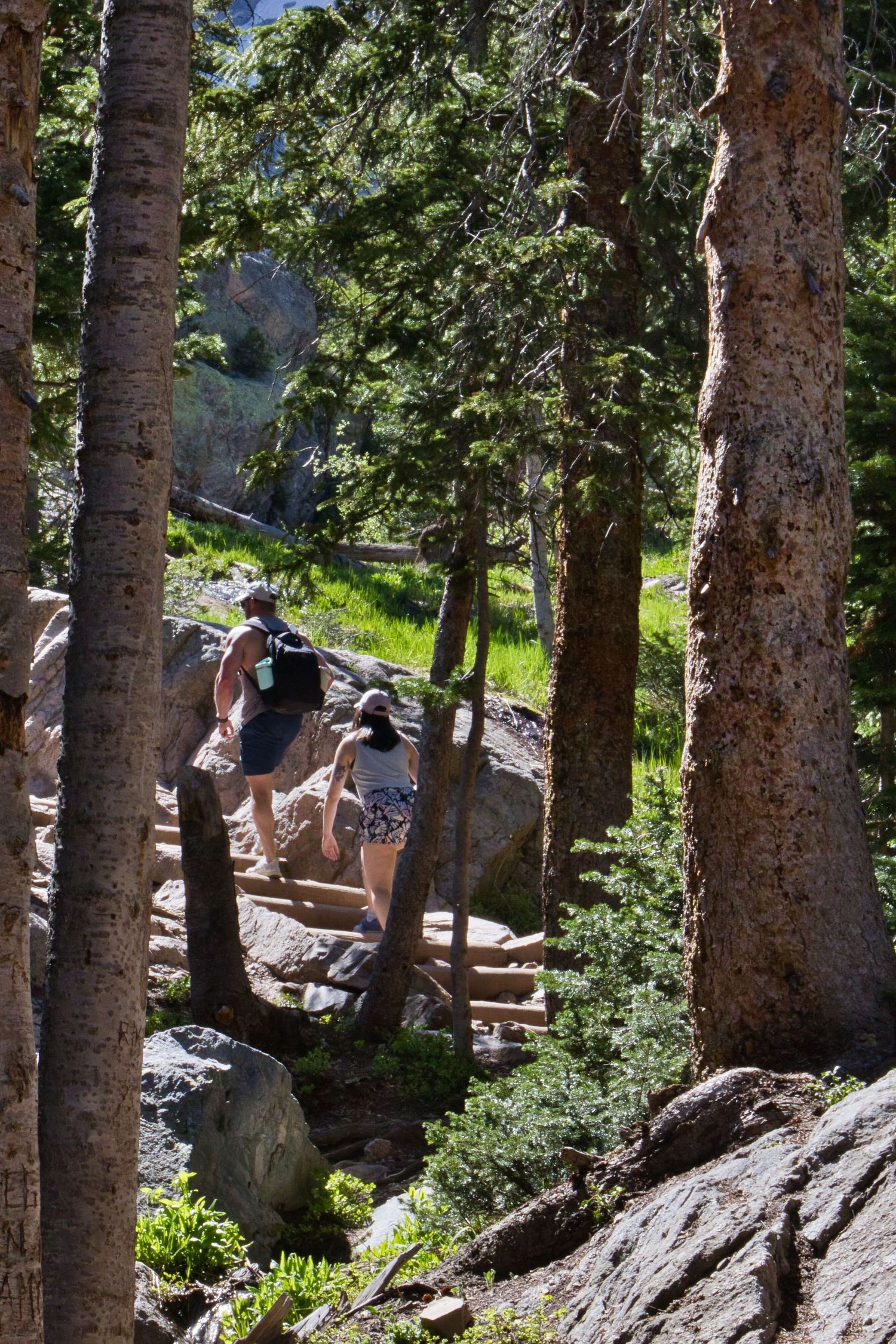 Couple walking the trail to Emerald Lake where he will propose to her. Pixcapades | The Rocky Mountain Proposal Photographer