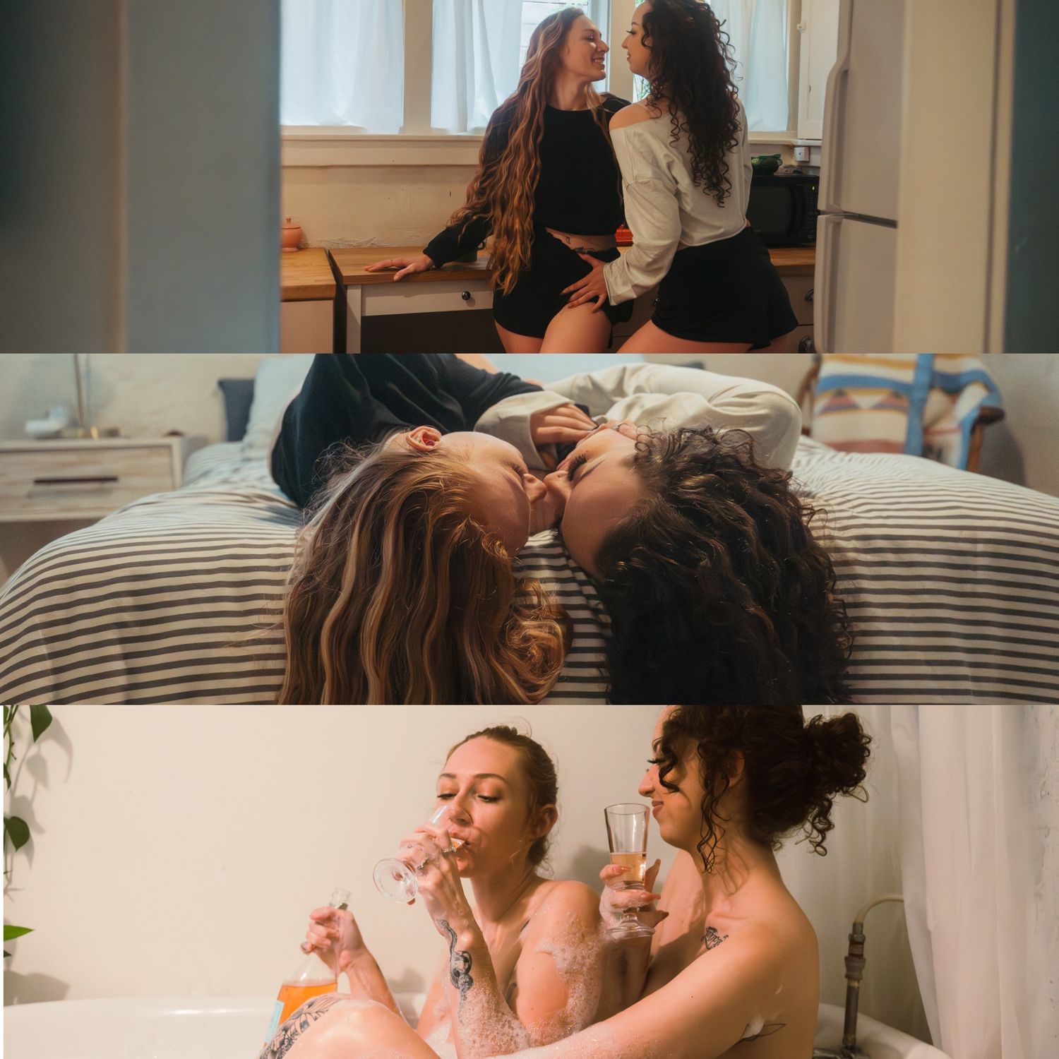 Two people share an intimate moment while lounging on a white couch in a bright, modern living room.