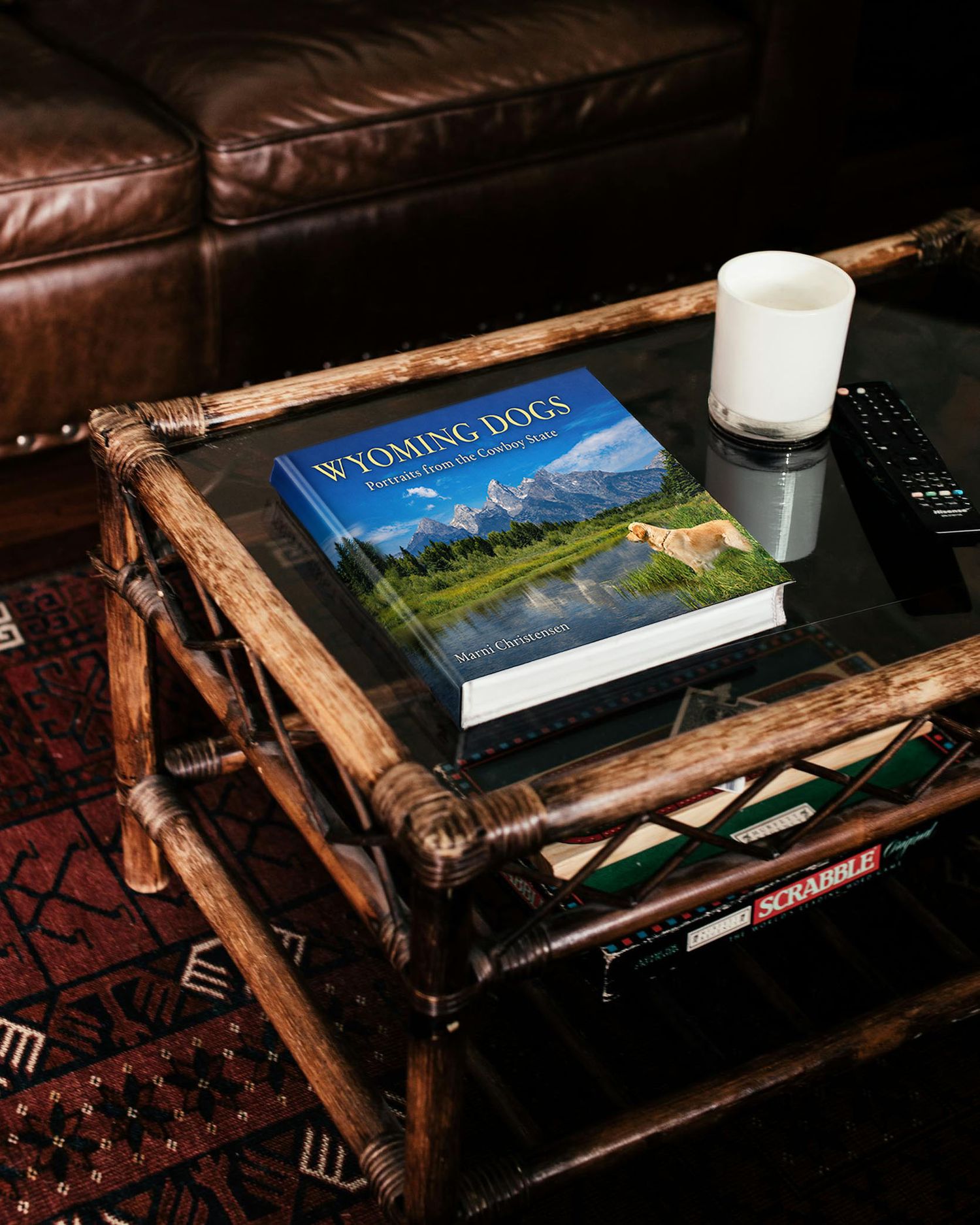 A Wyoming Dogs book is shown on a coffee table.
