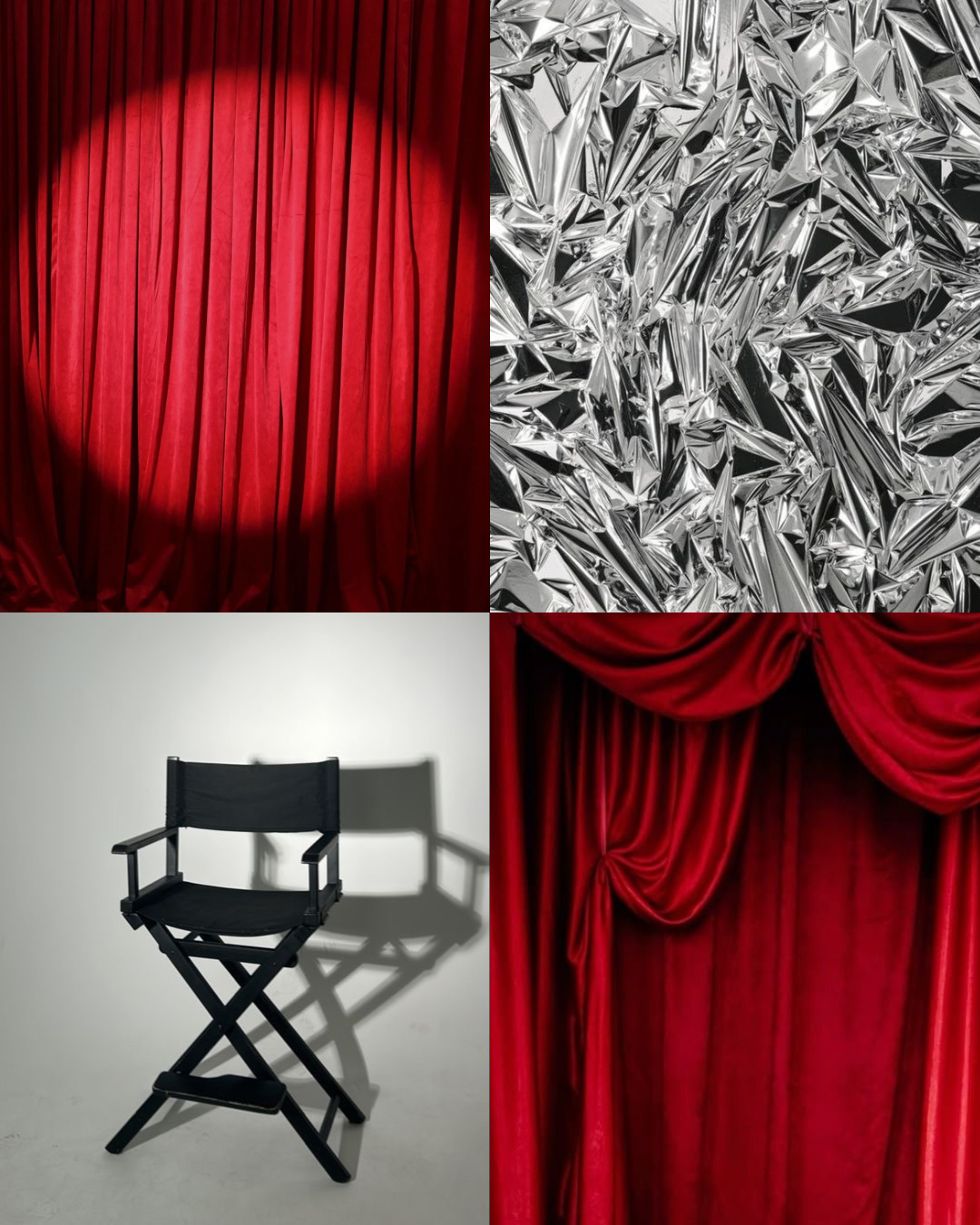 Collage of a spotlight on red velvet curtains, crumpled silver foil, a black director's chair, and draped red theater curtains.