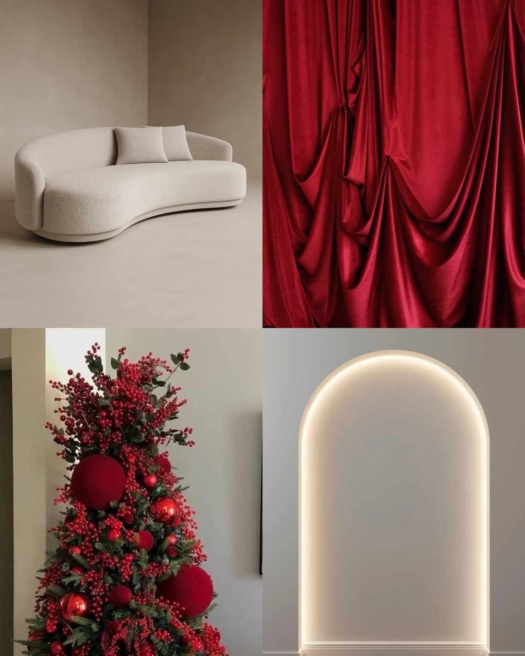 Collage of a curved cream sofa, draped red velvet curtains, a berry-adorned Christmas tree with red baubles, and a softly lit arched wall ni