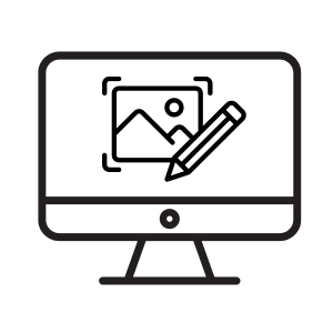 Simple line art icons showing technology and media symbols including monitor, music note, and arrow signs.