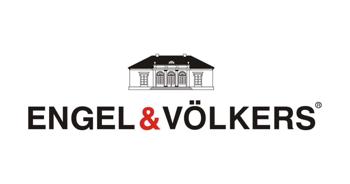 Black and red Engel & Volkers luxury real estate company logo with iconic house symbol above text.