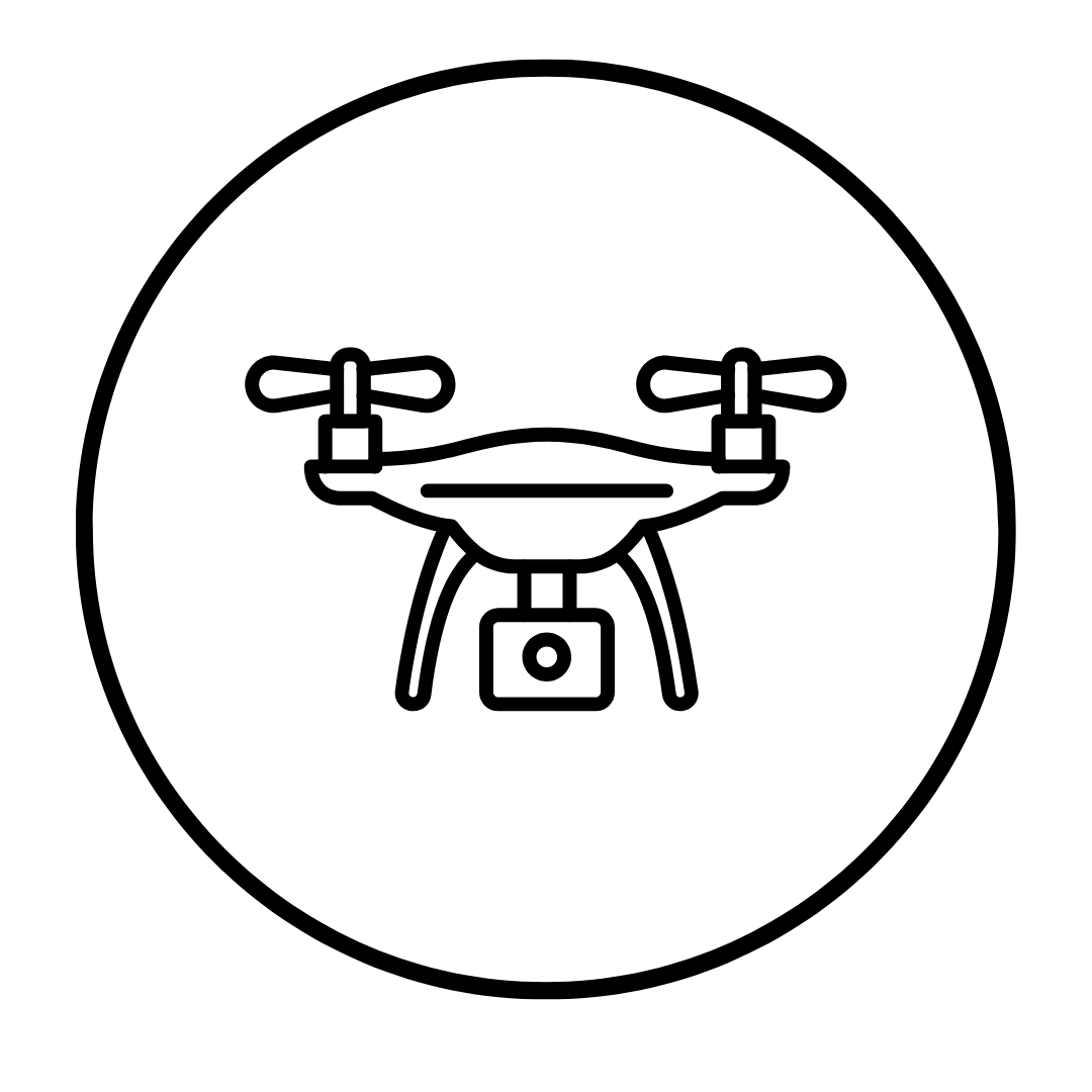 Line drawing icons of aerial drones and quadcopters in simple black outlines arranged in a horizontal row.