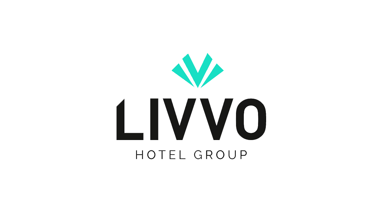 Modern hotel group logo featuring a teal diamond shape above stylized LIVVO text in black.