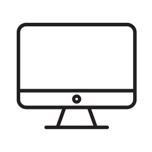 Minimalist desktop computer monitor icon with a sleek black outline, stand, and small circular button on white background.