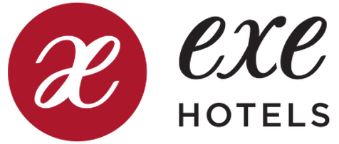 Red and white hotel chain logo design with circular elements and text in a modern minimalist style.