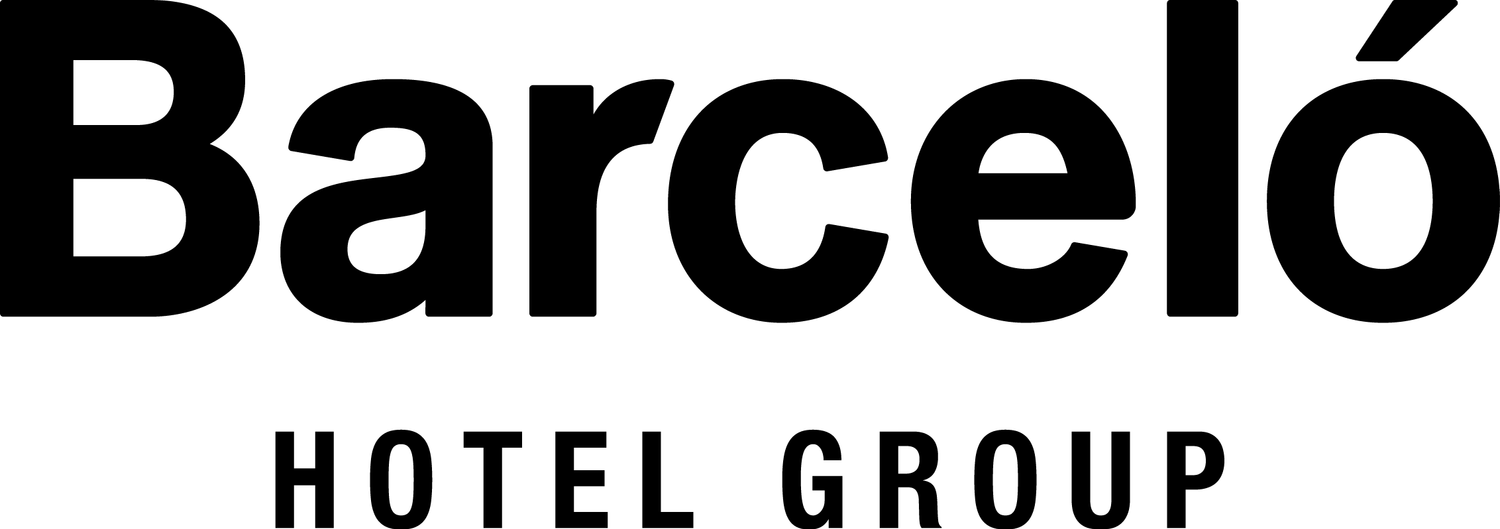 Black and white Barcelo Hotel Group logo with stylized text design.