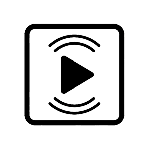 Black and white icon of a media player with play button and wireless signal waves in a rounded square frame.