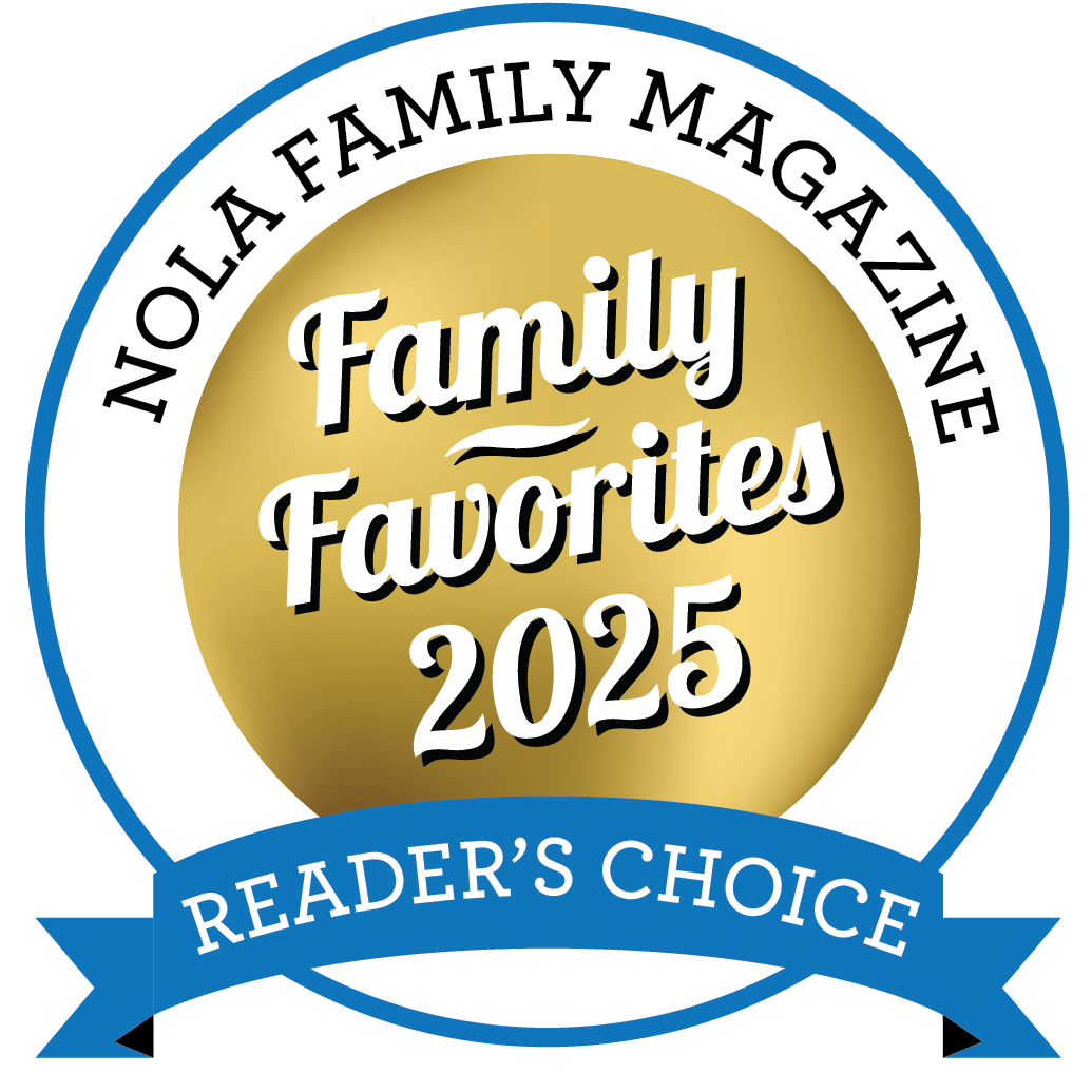 Blue and gold circular award badge showing NOLA Family Magazine Reader's Choice recognition seal for family favorites 2025.