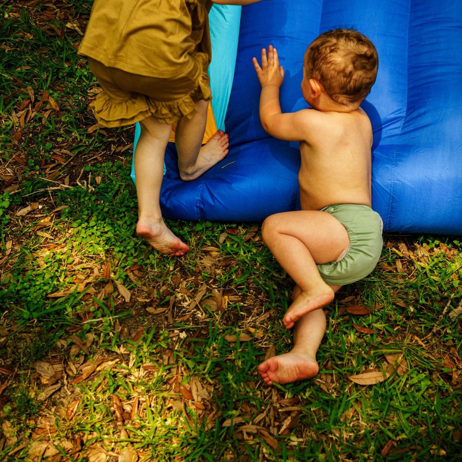 Kids crawling through a blue and yellow inflatable bounce house on grass.