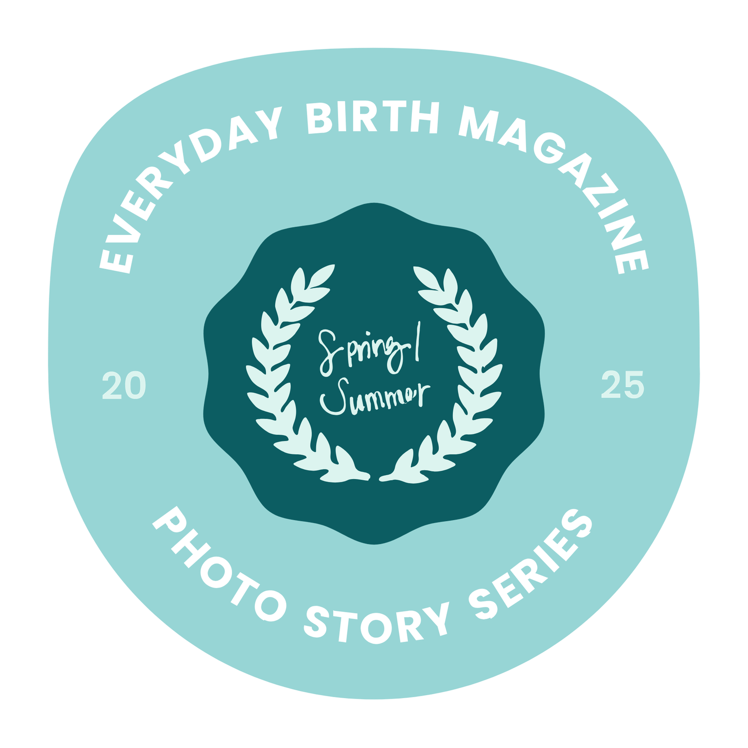 Teal and white laurel wreath logo badges arranged in a horizontal row against a white background.
