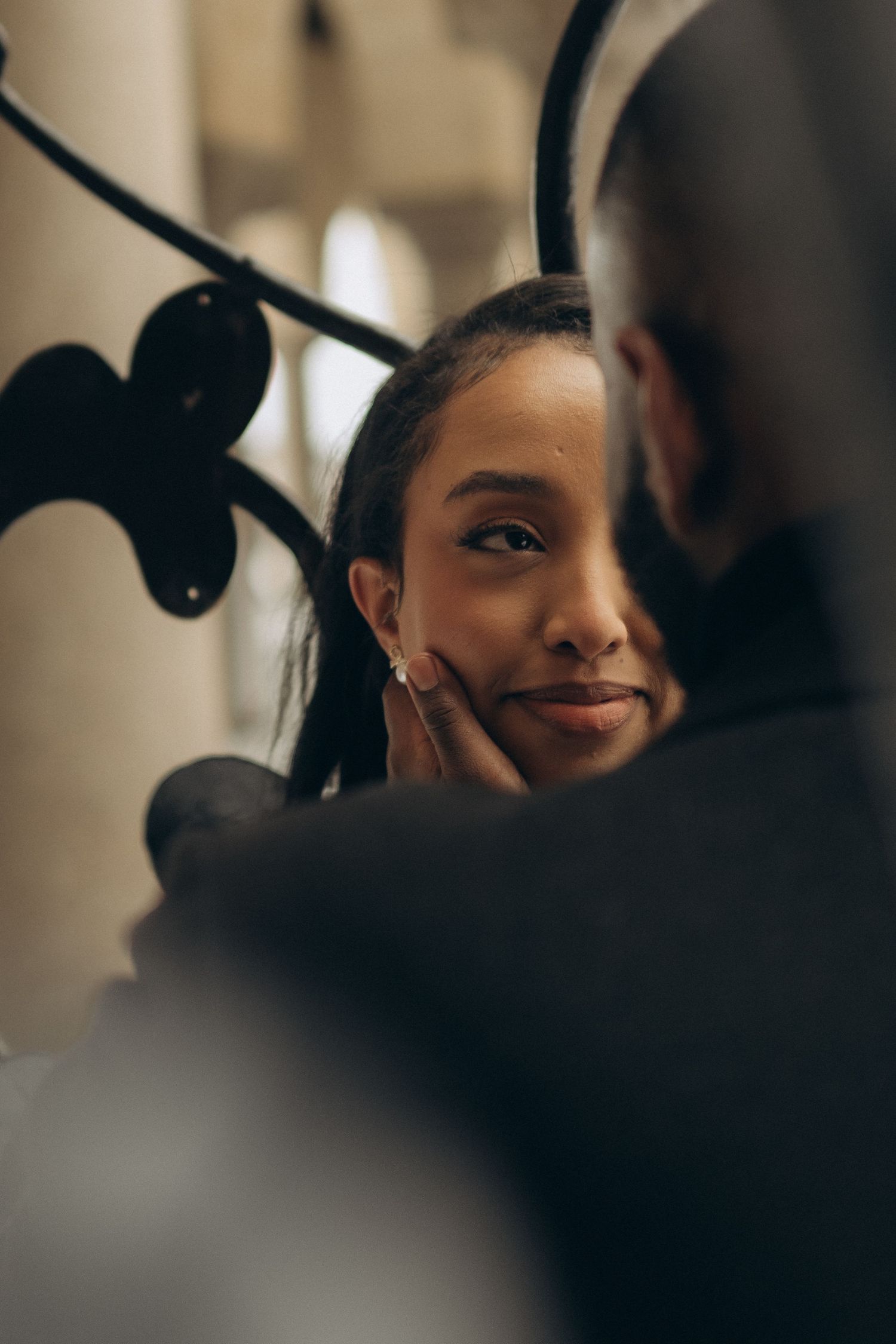 bride looking into her husband's eyes while being captured by wedding photographer in Stockholm for City Hall wedding ceremony