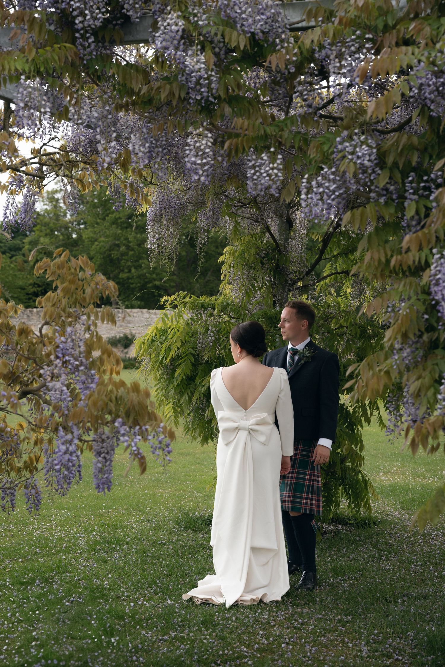 Wedding couple stands beneath blooming wisteria in a spring garden setting.