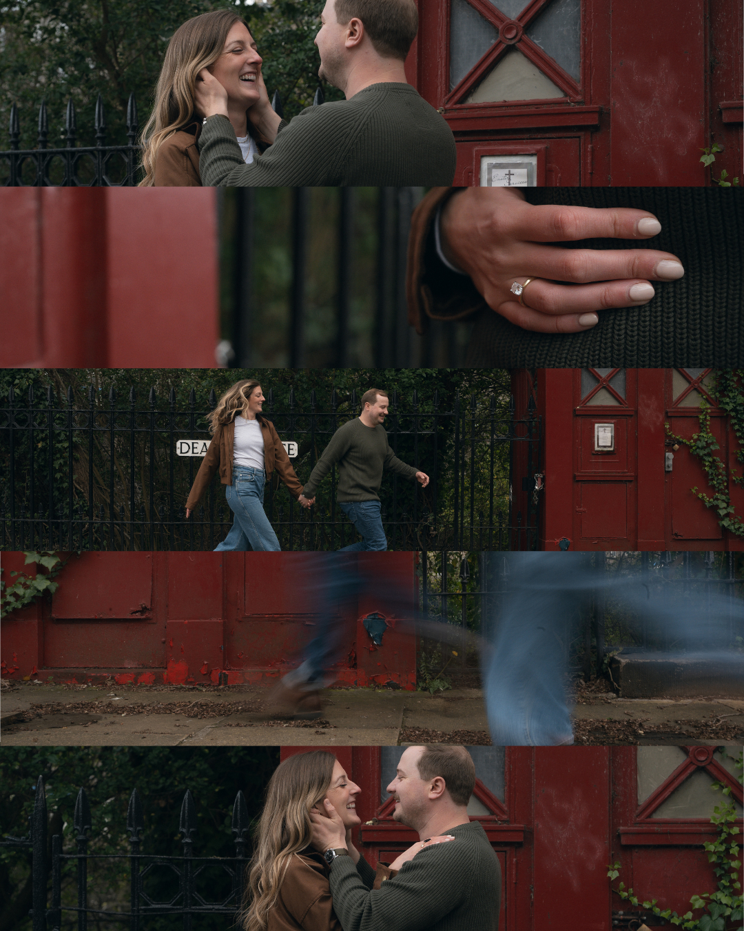 Romantic couple sharing a joyful moment near a red building, showcasing an engagement ring in a heartfelt proposal scene.