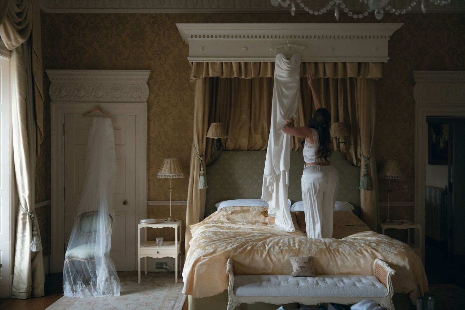 A series of four vintage-style photographs showing ornate interiors with white drapes and elegant furniture.