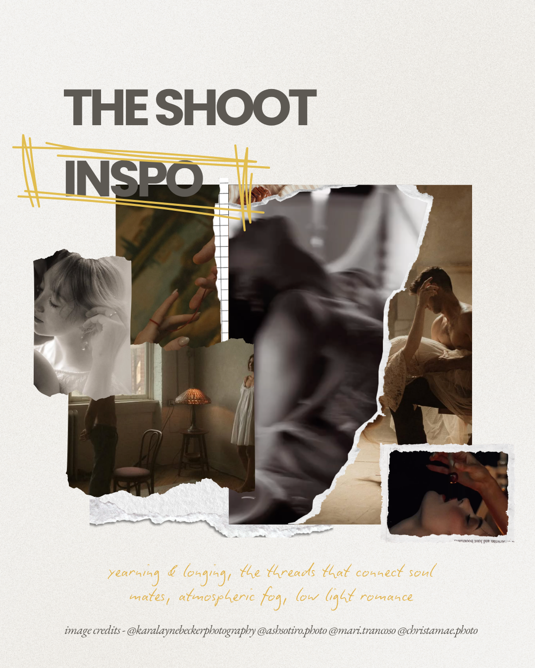 Romantic mood board collage titled The Shoot Inspo featuring moody low-light couples photography with fog and longing atmosphere.