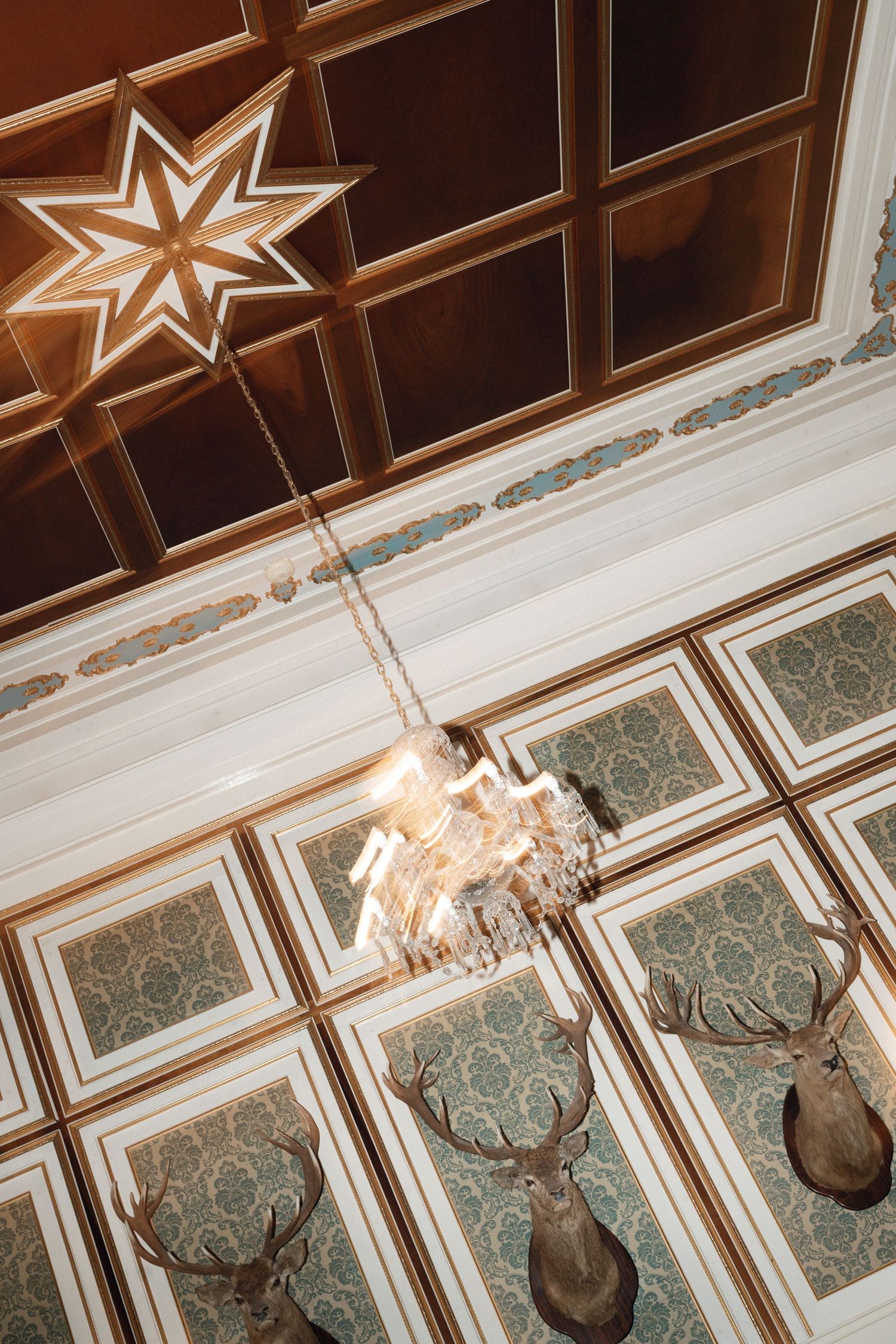 Illuminated star decorations and mounted deer heads adorn an elegant coffered ceiling with ornate trim details.