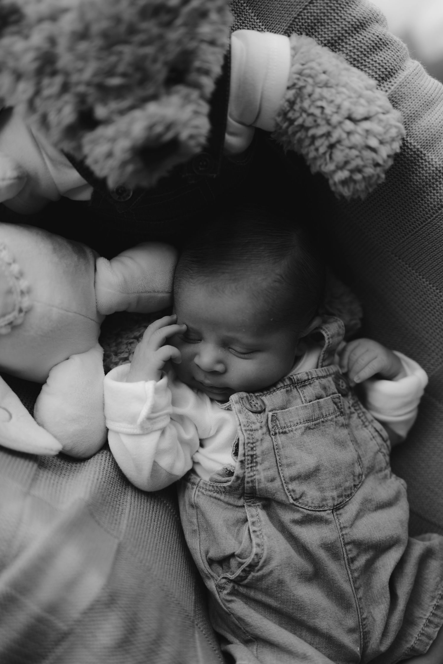 Black and white close-up of sleeping newborn in denim overalls nestled among soft stuffed animals.