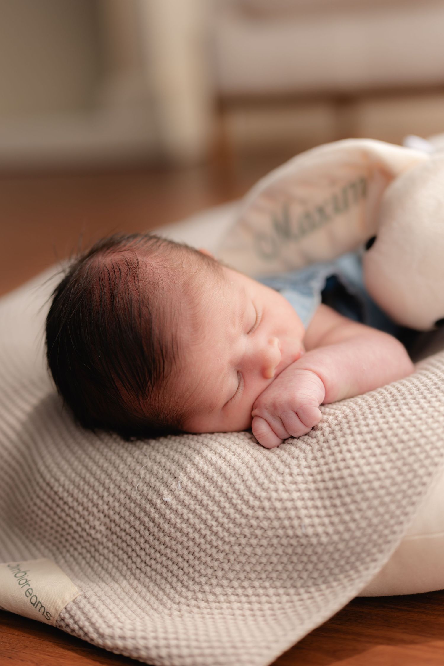 Sleeping newborn baby resting on textured blanket with personalized stuffed toy in warm indoor setting.