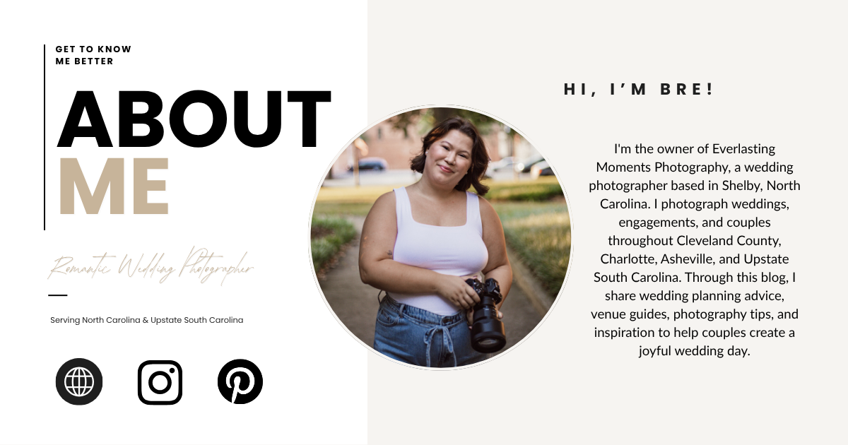 Wedding photographer Bre poses outdoors, smiling warmly on an About Me page for Everlasting Moments Photography in Shelby, NC.