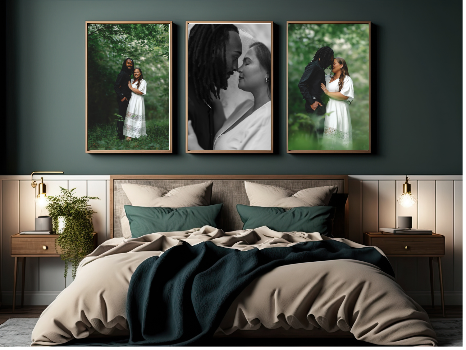A cozy bedroom with green walls displaying three framed romantic couple photos above a neutral-toned bed with teal accents.