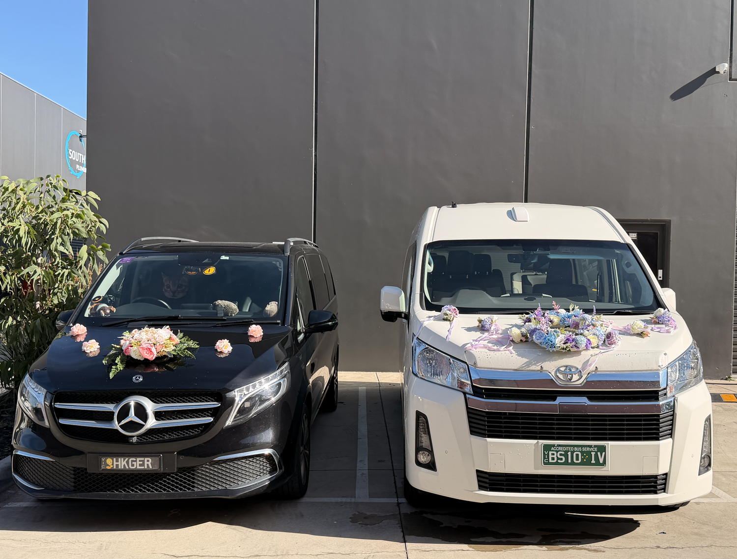 Two wedding cars, a black Mercedes V-Class and white Toyota HiAce, decorated with floral arrangements parked outside.