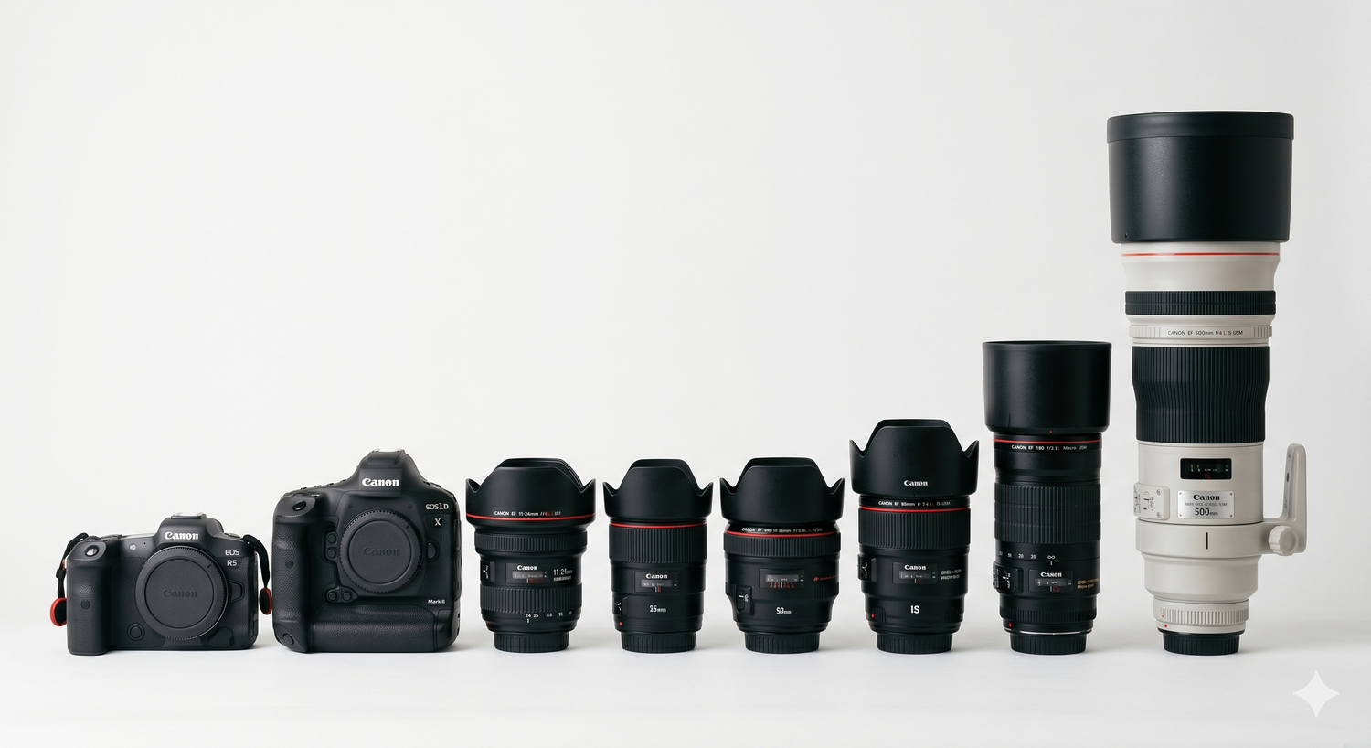 A lineup of Canon DSLR camera and lenses arranged by size on a white background, from body to large telephoto lens.