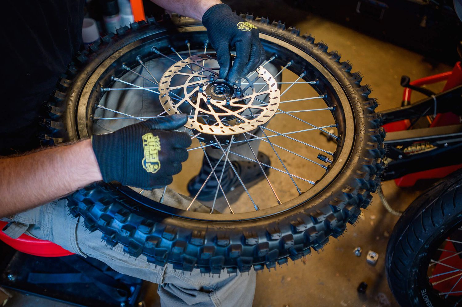 Close-up of hands inspecting a camera support bike wheel with knobby tire and disc brake rotor.