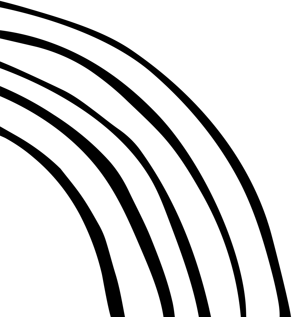 Minimalist black and white graphic design featuring four concentric curved arc lines on white background.