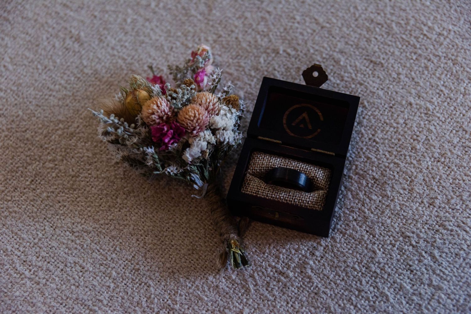 a wedding ring and pin with flowers