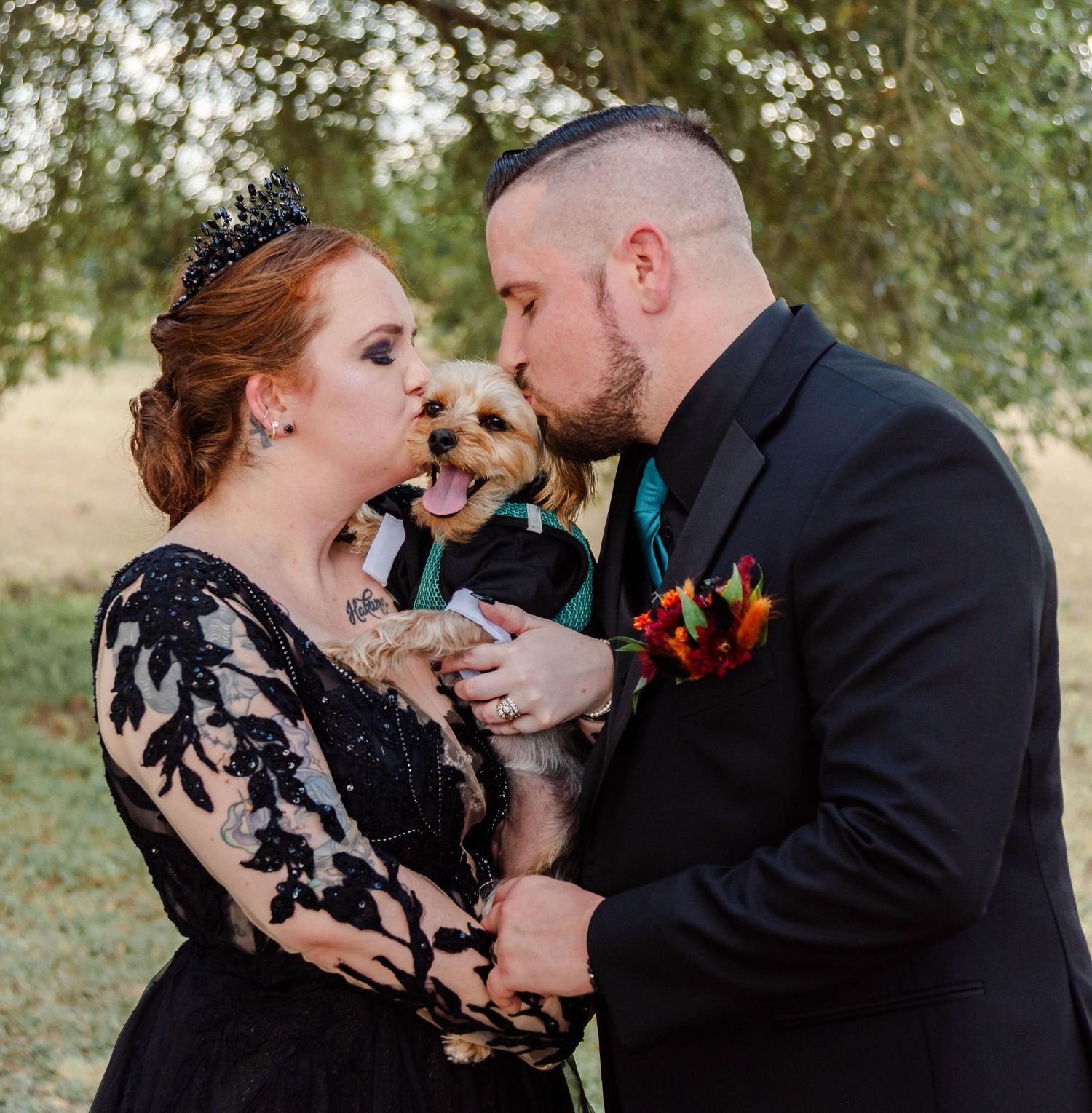 Couple kissing their dog together