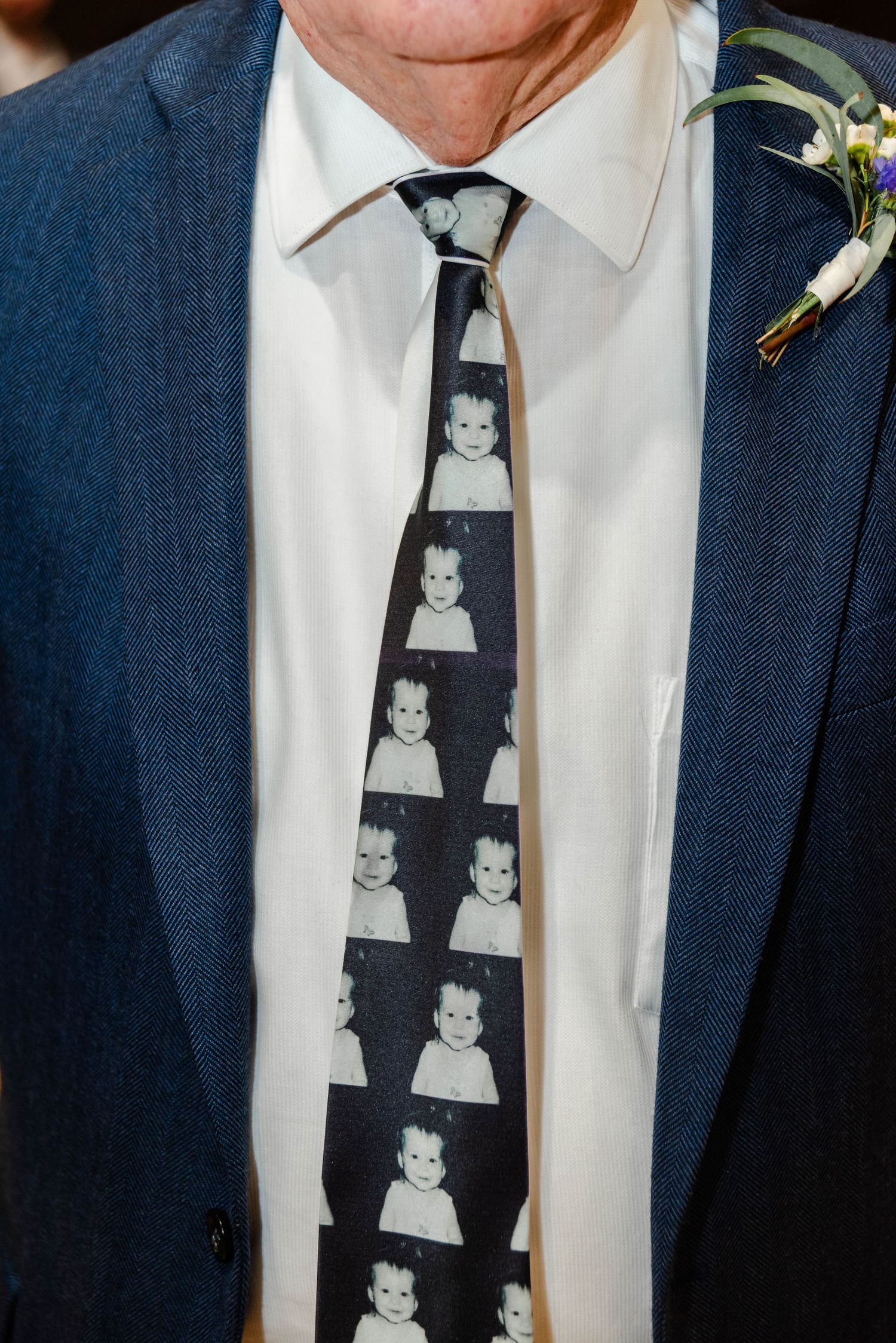 grandpa's tie has the brides face on it from when she was a child