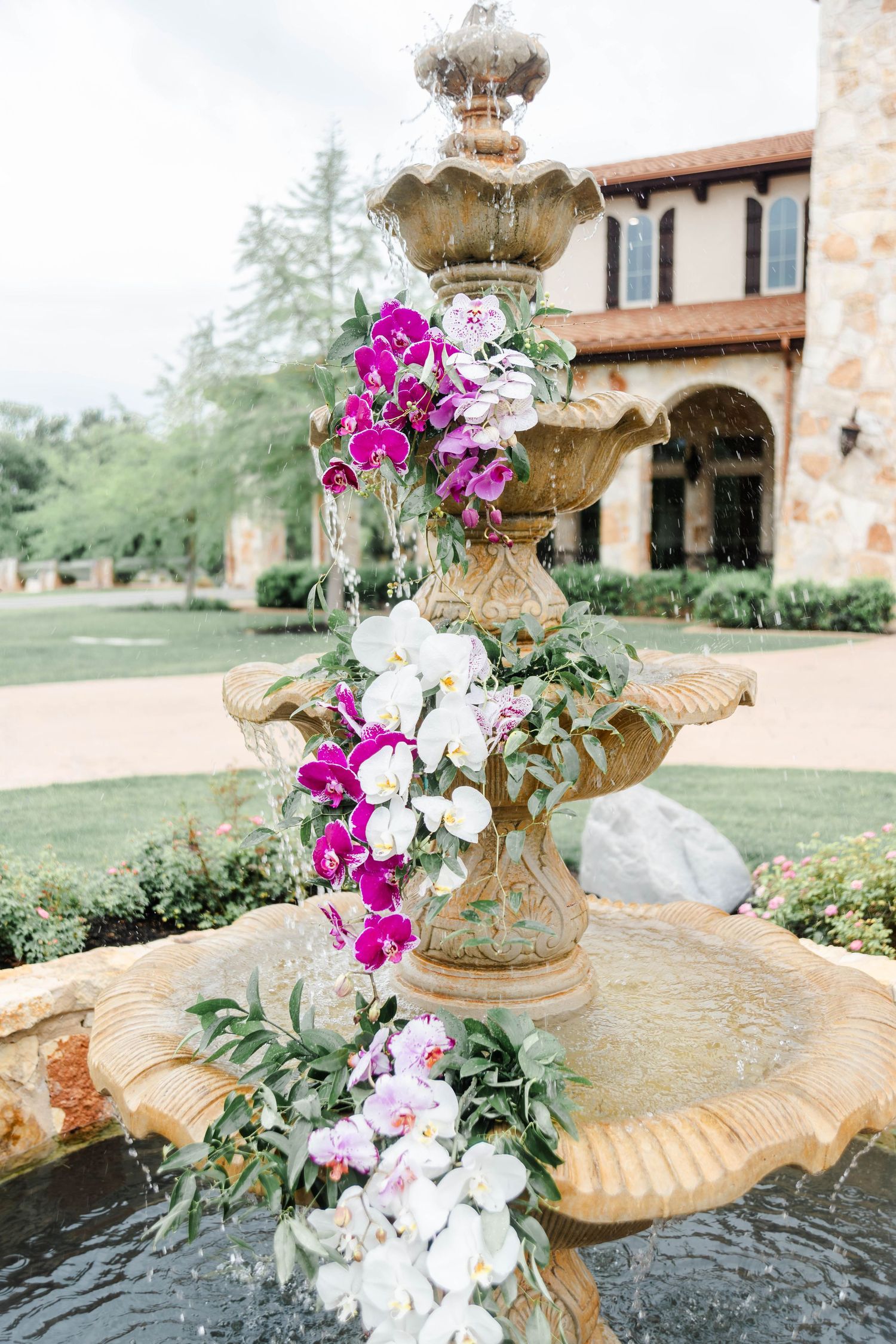 orchid bouquet with purple and white